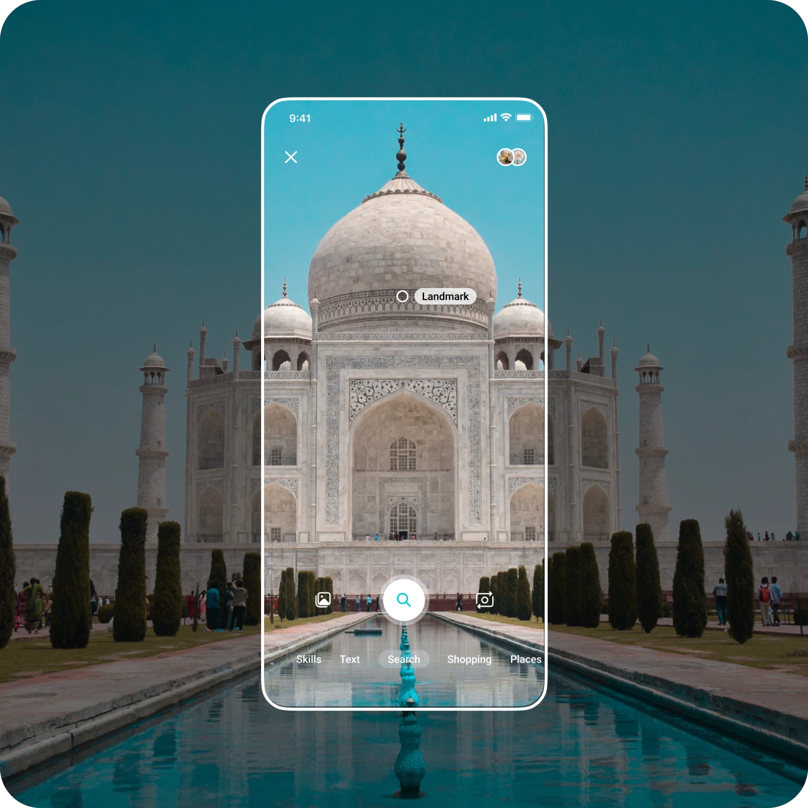 The camera pointed at the Taj Mahal, with a Landmark label pinned to the dome.