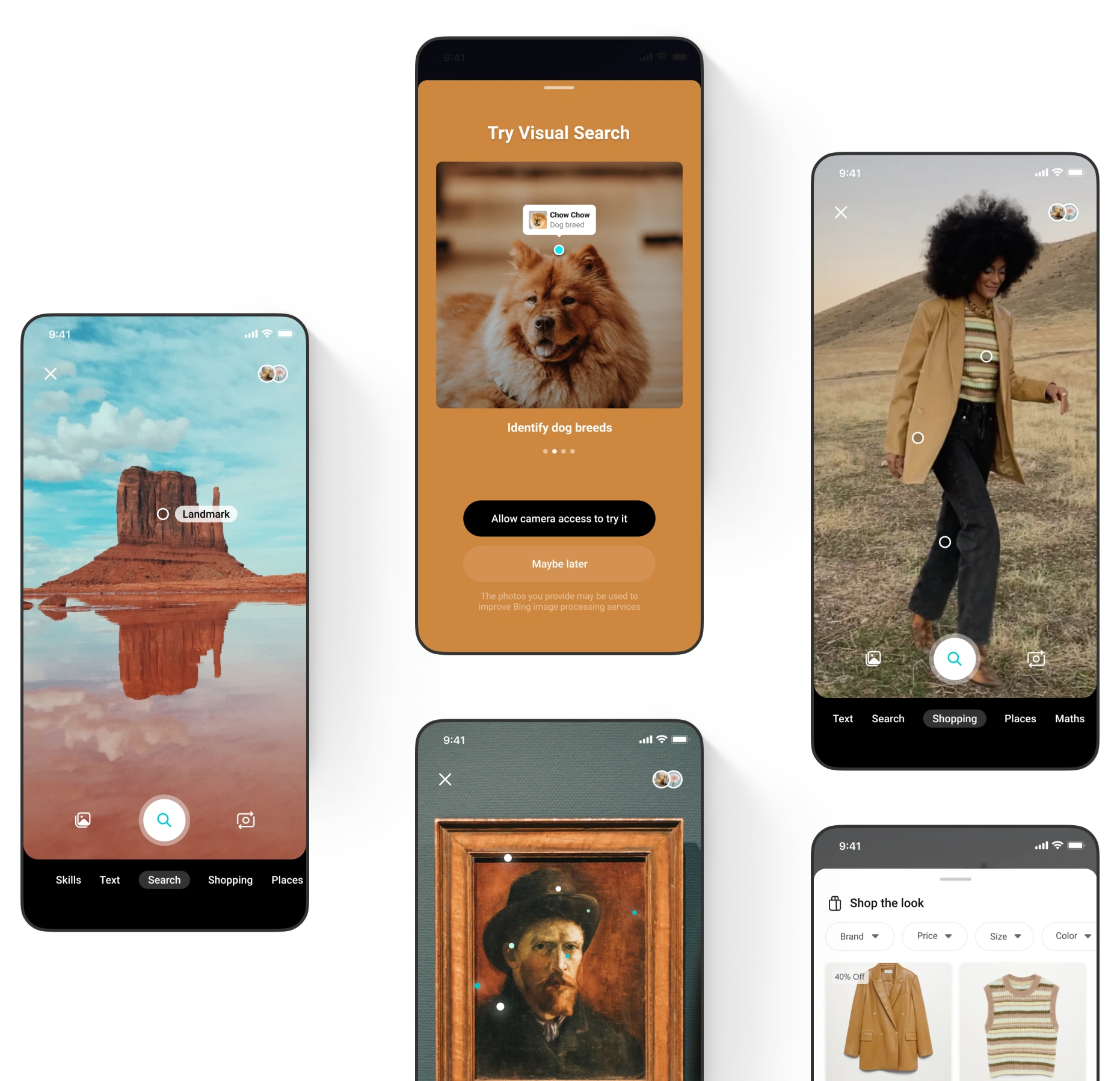 Visual Search screens: a landmark in camera view, the first run invitation, shopping the look, and a painting being identified.
