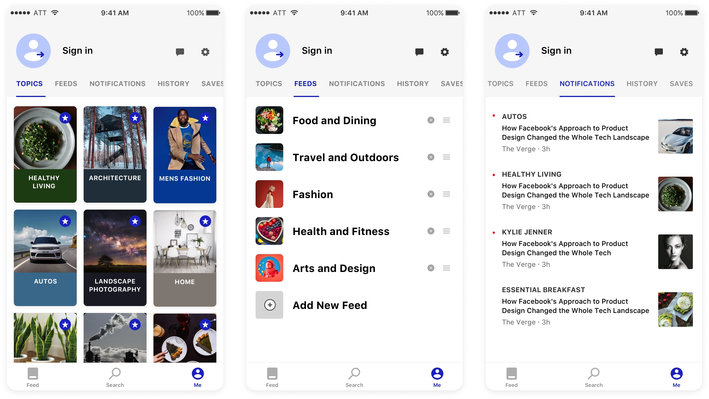 Interest and feed management screens