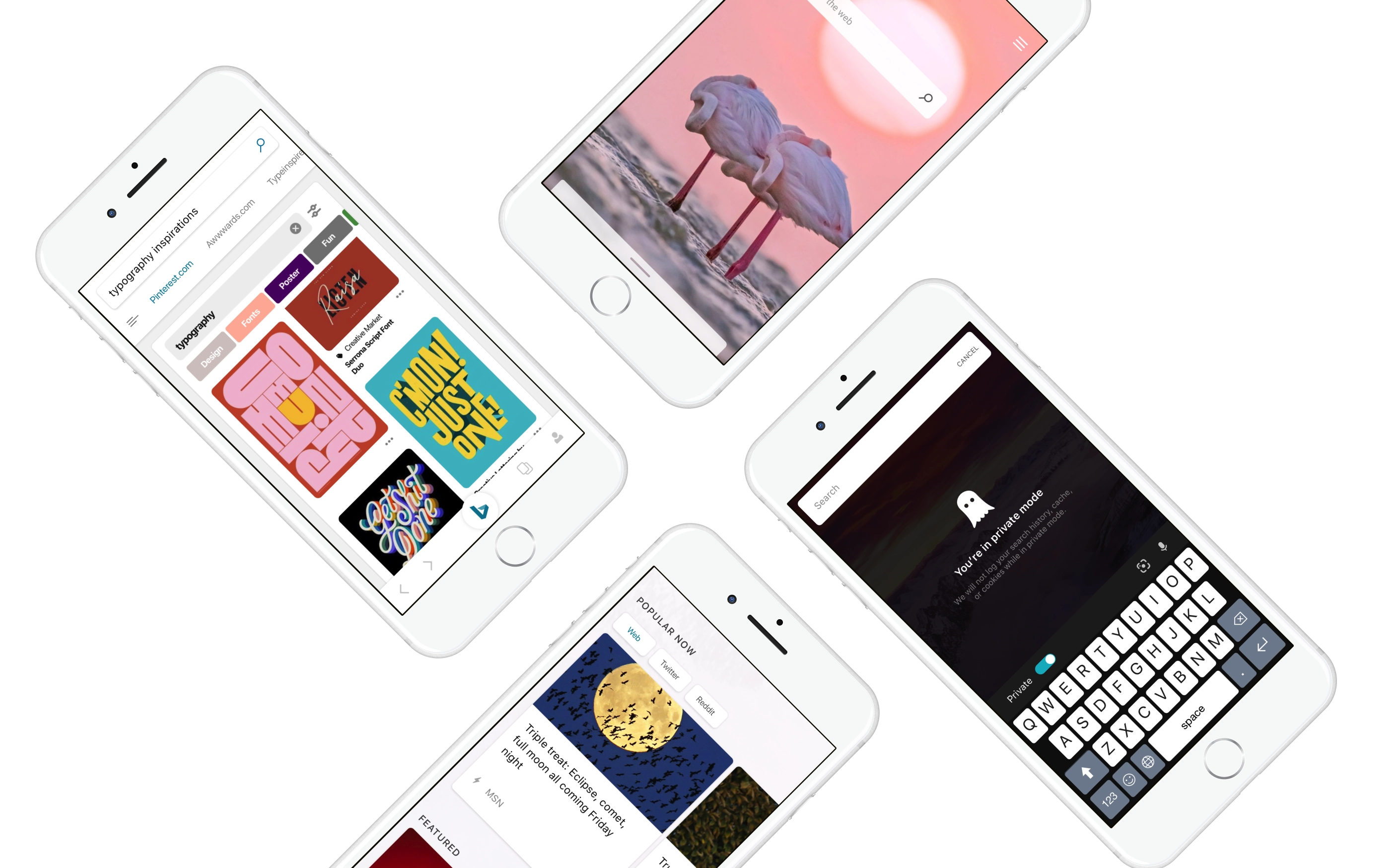 Bing mobile concepts shown across five iPhones