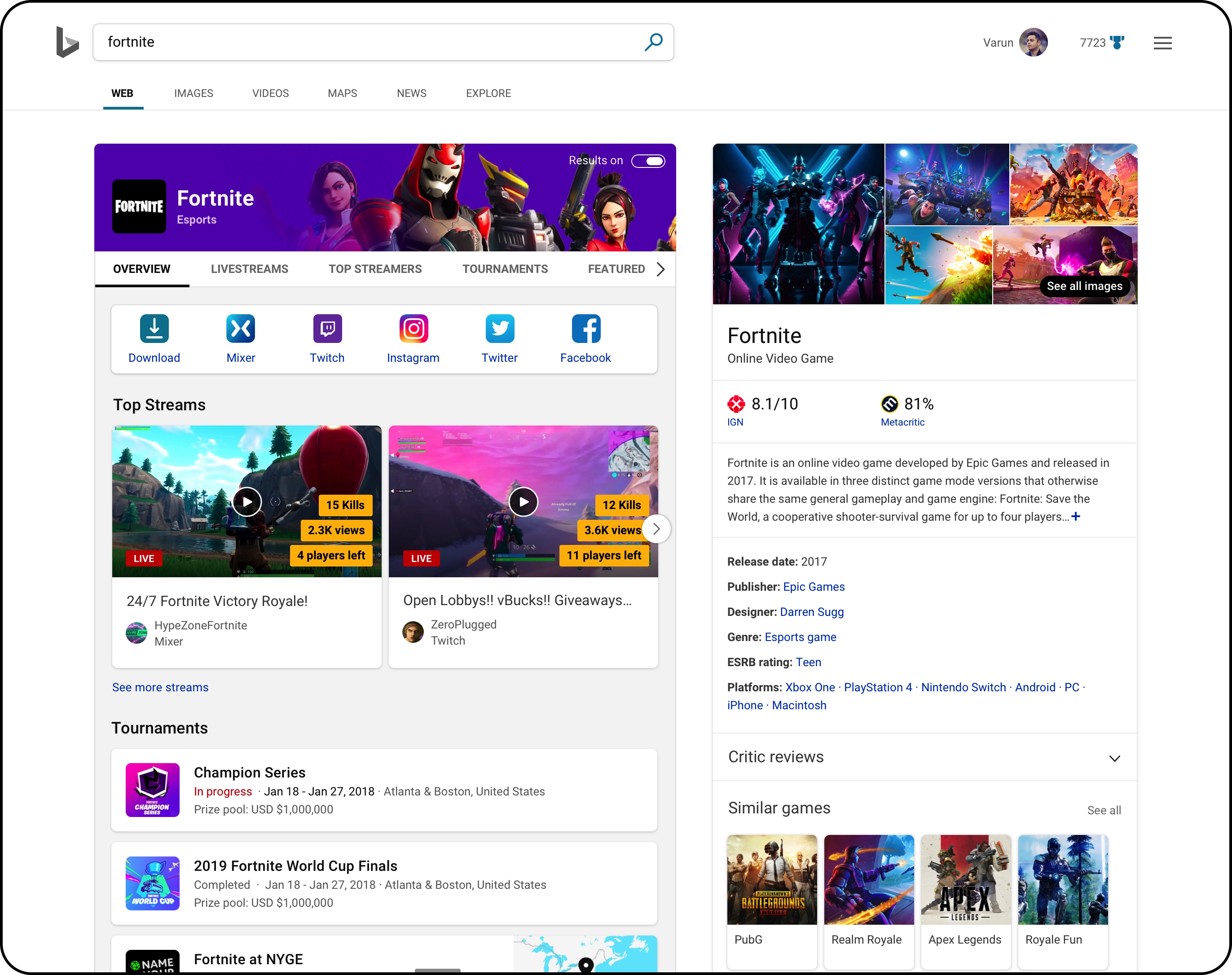 Esports answer on the search results page