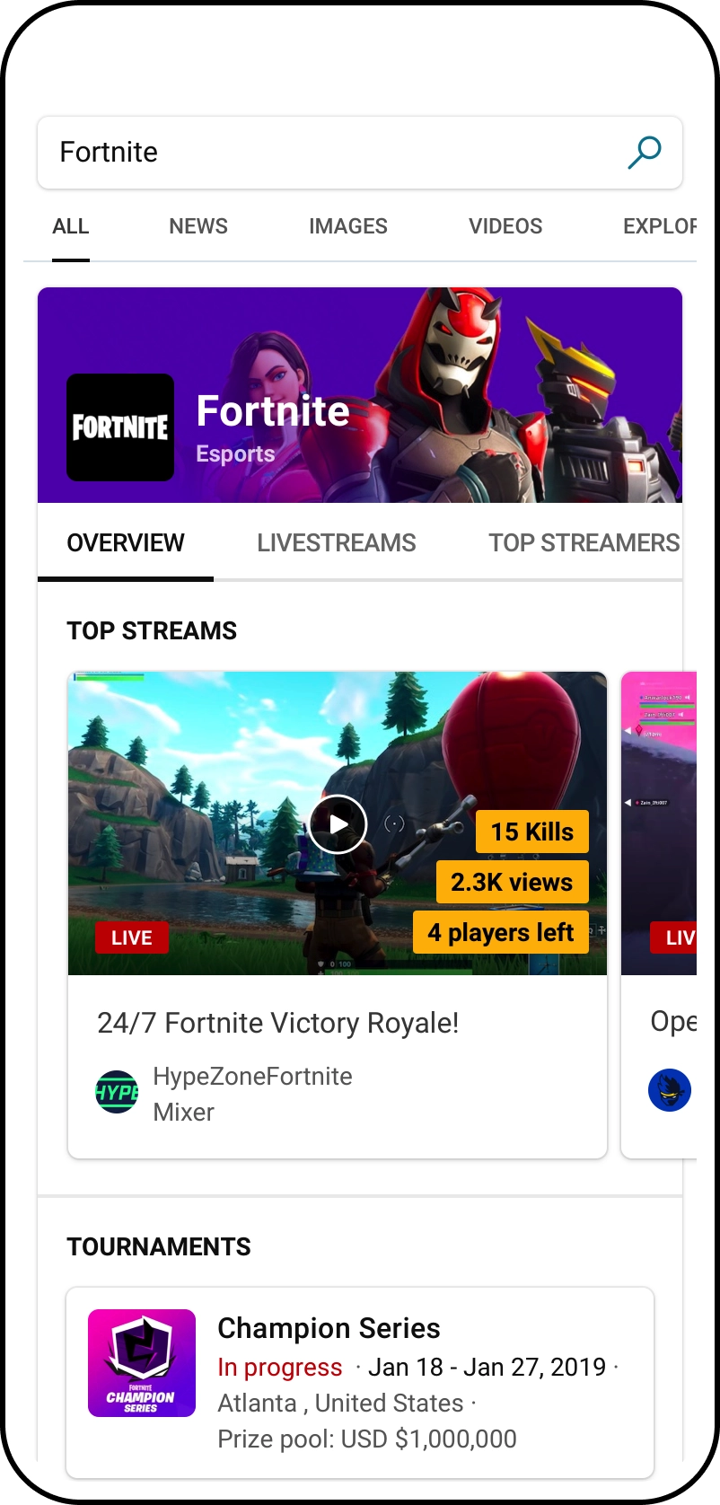 Esports mobile experience one