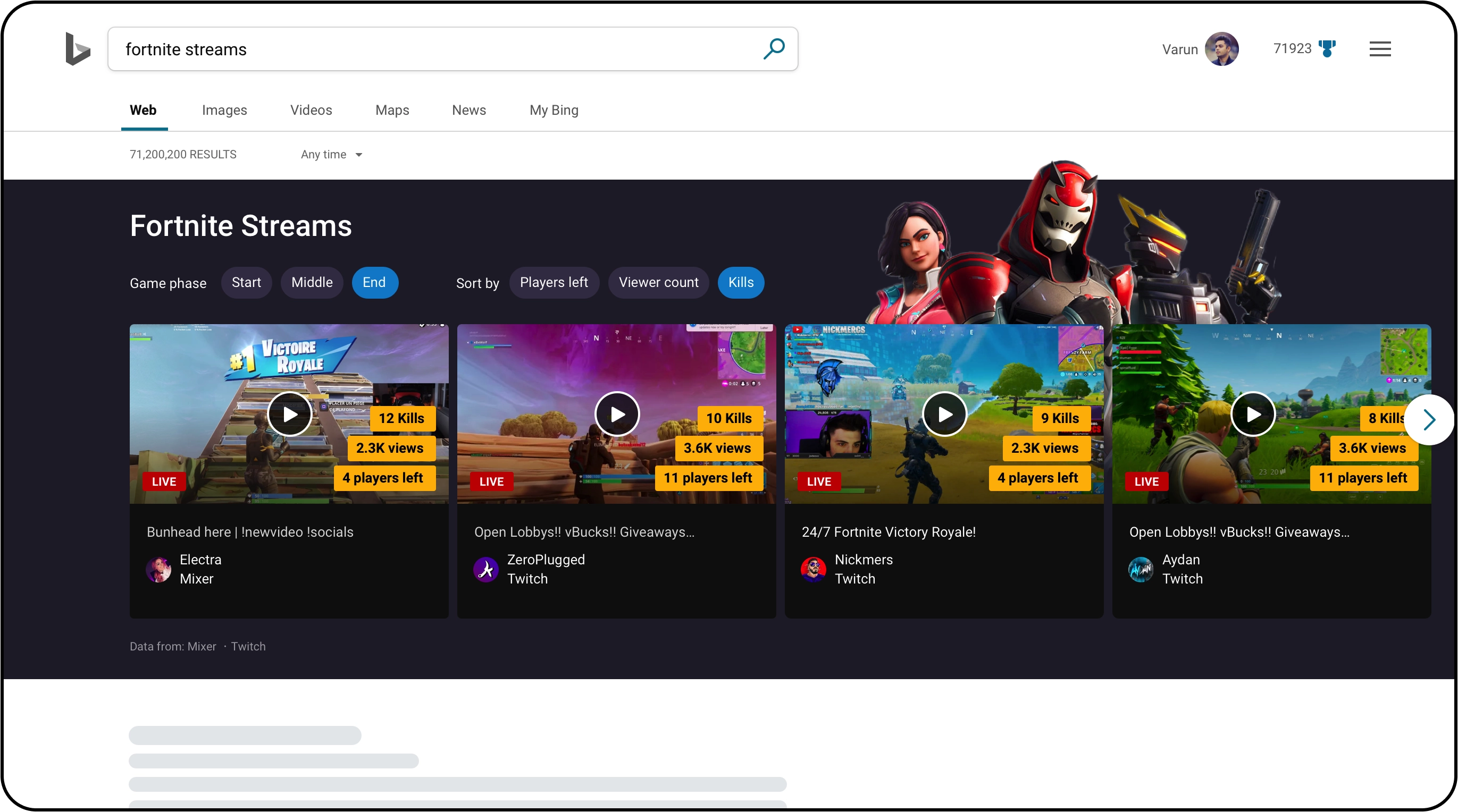 Fortnite stream results ranked by excitement